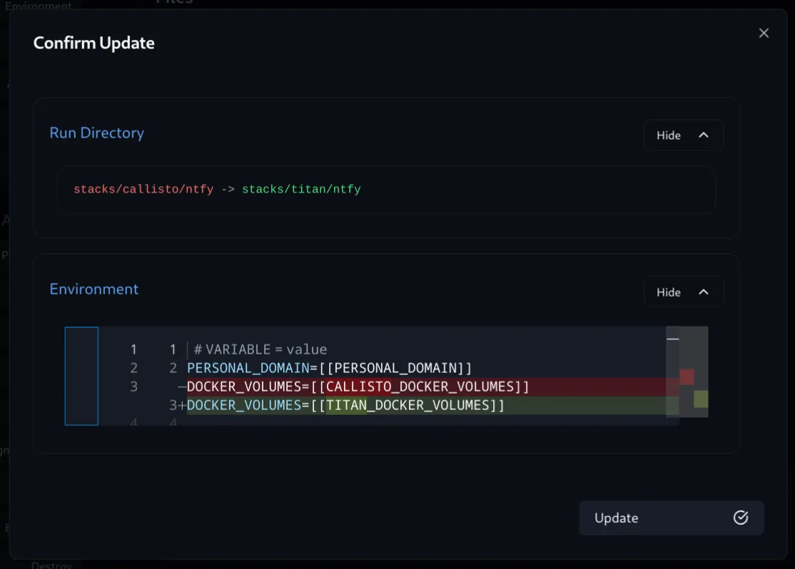 Image of Komodo’s change confirmation dialog showing resourcePath: stacks/callisto/ntfy -> stacks/titan/ntfy and a change of env var from CALLISTO_DOCKER_VOLUMES to TITAN_DOCKER_VOLUMES